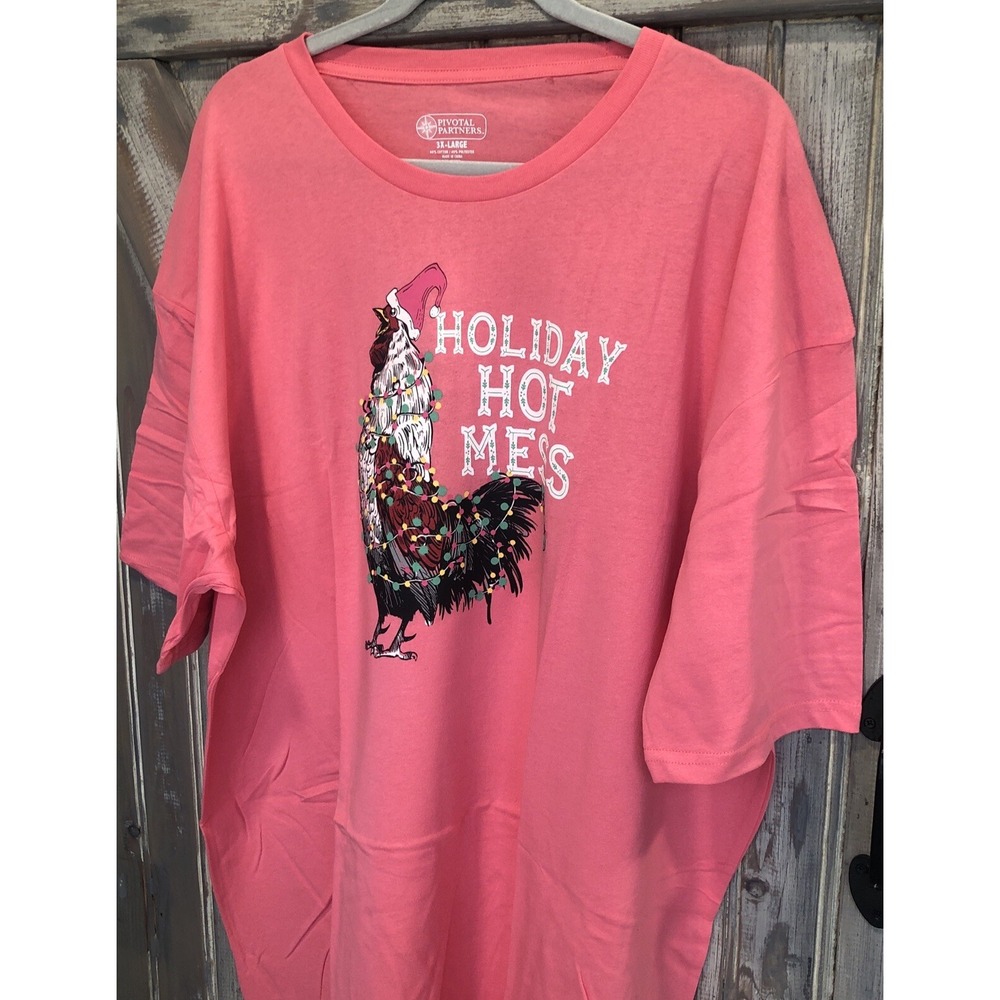 Chicken Graphic Tshirt Unisex Holiday Hot Mess Coral Non-fitted Pink S/S 3X NWT